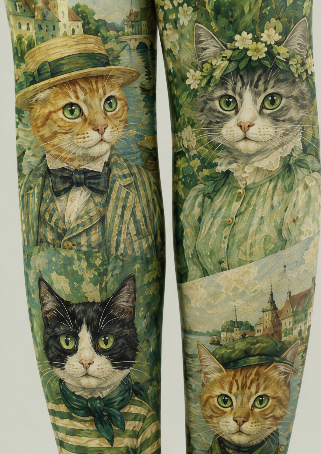 Green Cat Print Tights Vintage Art Pantyhose H68-46