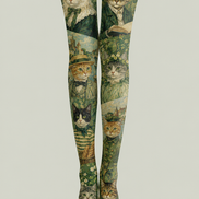 Green Cat Print Tights Vintage Art Pantyhose H68-46