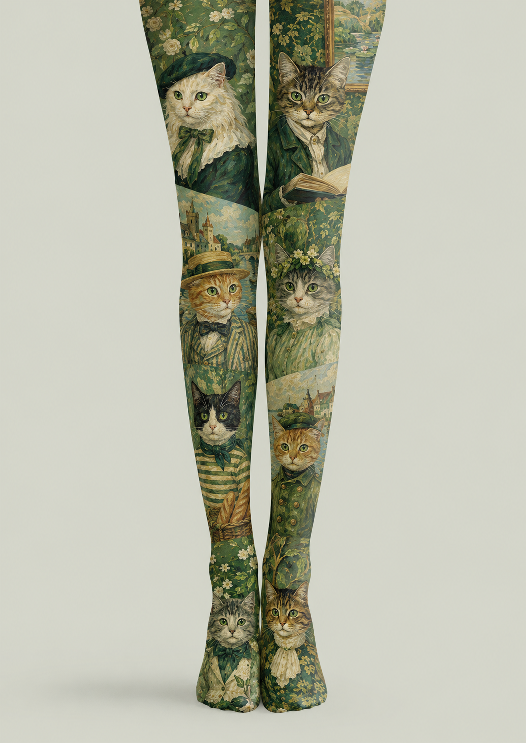 Green Cat Print Tights Vintage Art Pantyhose H68-46