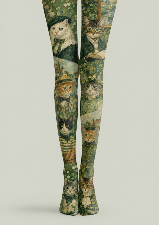 Green Cat Print Tights Vintage Art Pantyhose H68-46