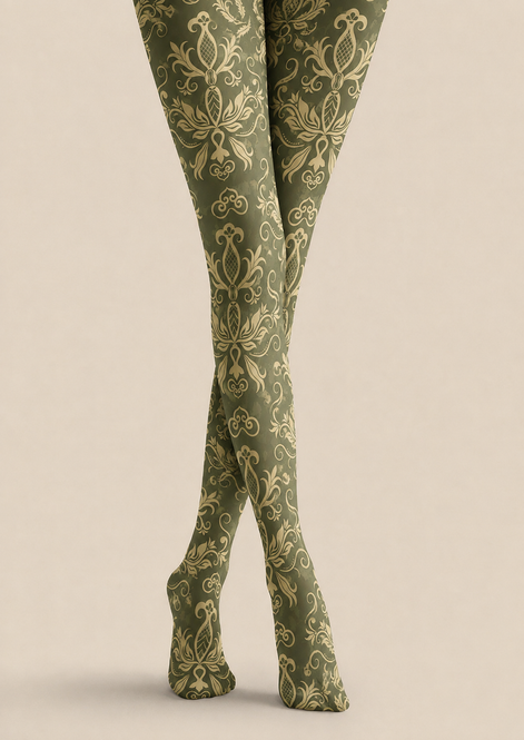 Olive Green Damask Tights Dark Academia Style Pantyhose H68-47