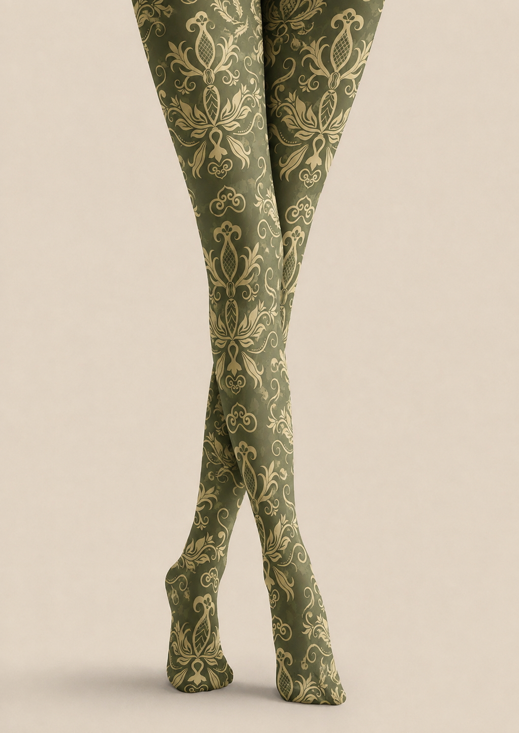 Olive Green Damask Tights Dark Academia Style Pantyhose H68-47