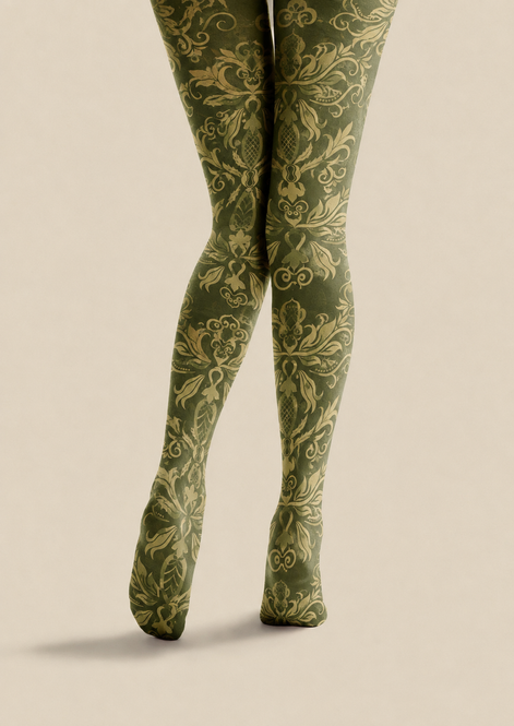 Olive Green Damask Tights Dark Academia Style Pantyhose H68-47