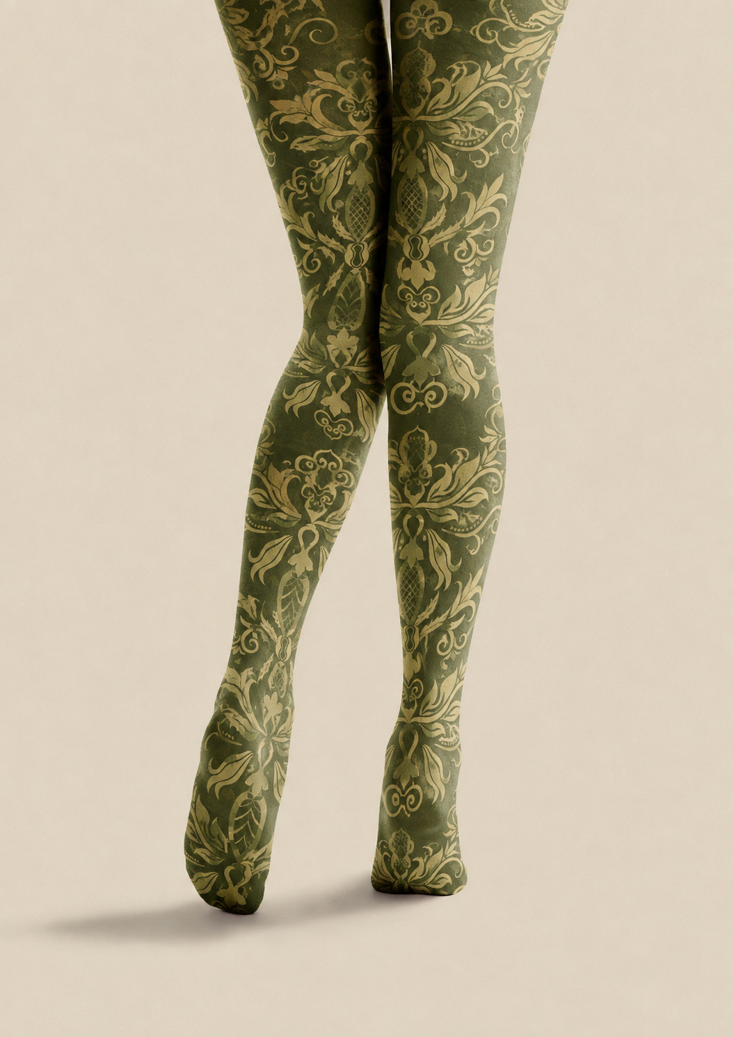 Olive Green Damask Tights Dark Academia Style Pantyhose H68-47