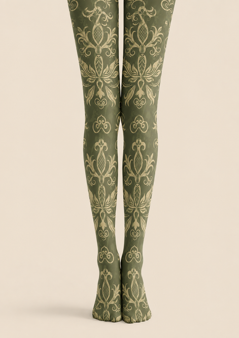 Olive Green Damask Tights Dark Academia Style Pantyhose H68-47