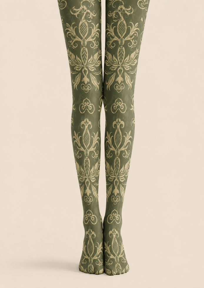 Olive Green Damask Tights Dark Academia Style Pantyhose H68-47