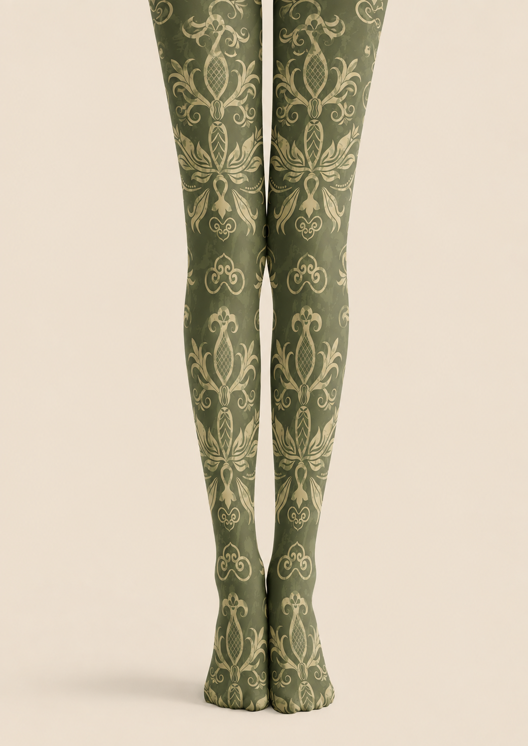 Olive Green Damask Tights Dark Academia Style Pantyhose H68-47