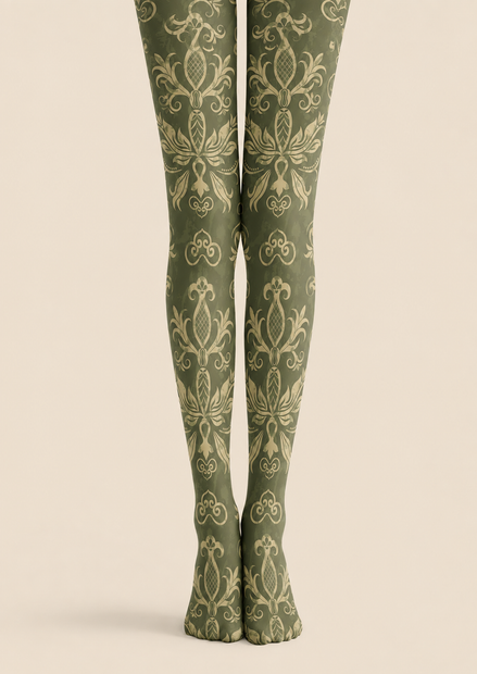 Olive Green Damask Tights Dark Academia Style Pantyhose H68-47