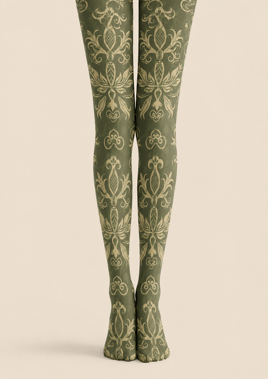 Olive Green Damask Tights Dark Academia Style Pantyhose H68-47