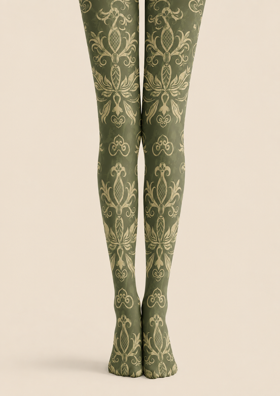 Olive Green Damask Tights Dark Academia Style Pantyhose H68-47