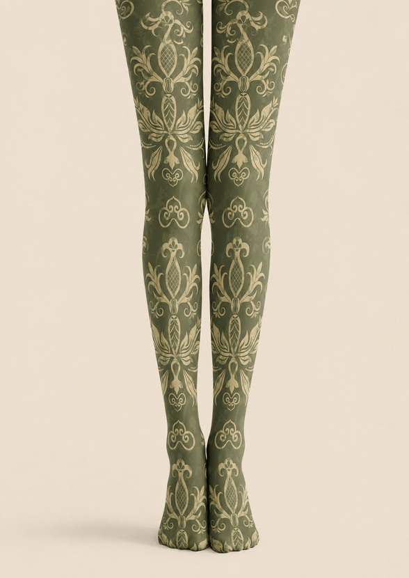 Olive Green Damask Tights Dark Academia Style Pantyhose H68-47