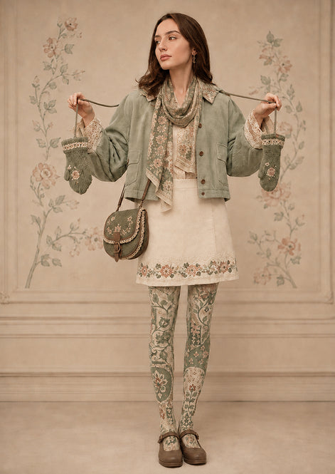 Green Floral Tights Vintage Botanical Pattern Pantyhose H68-48