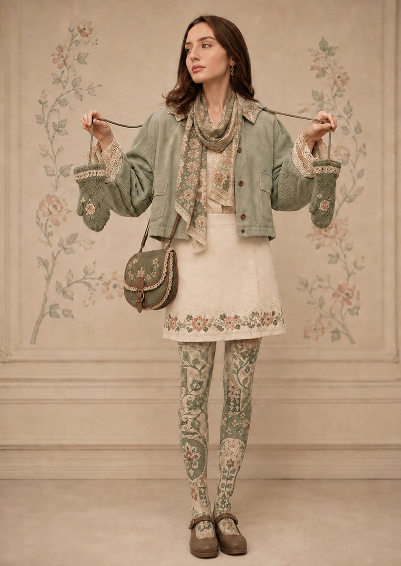 Green Floral Tights Vintage Botanical Pattern Pantyhose H68-48