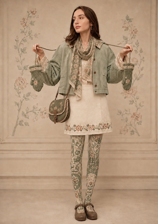 Green Floral Tights Vintage Botanical Pattern Pantyhose H68-48