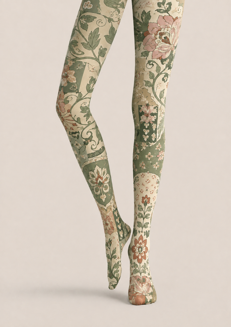 Green Floral Tights Vintage Botanical Pattern Pantyhose H68-48
