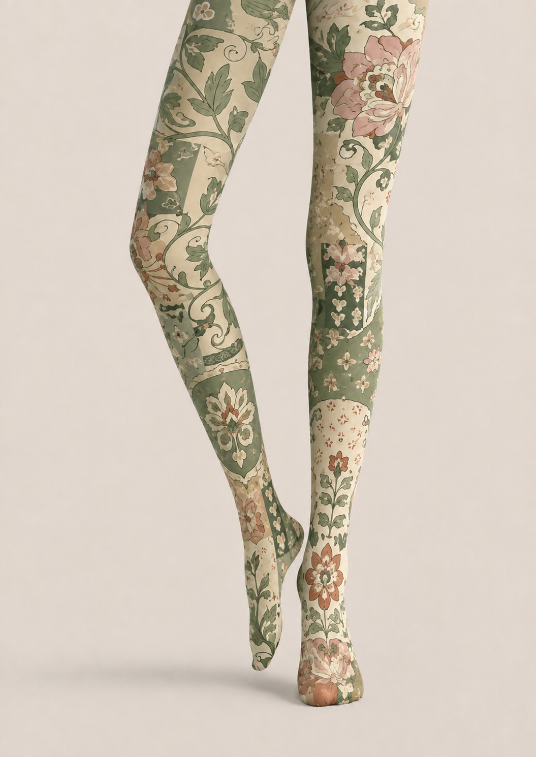 Green Floral Tights Vintage Botanical Pattern Pantyhose H68-48
