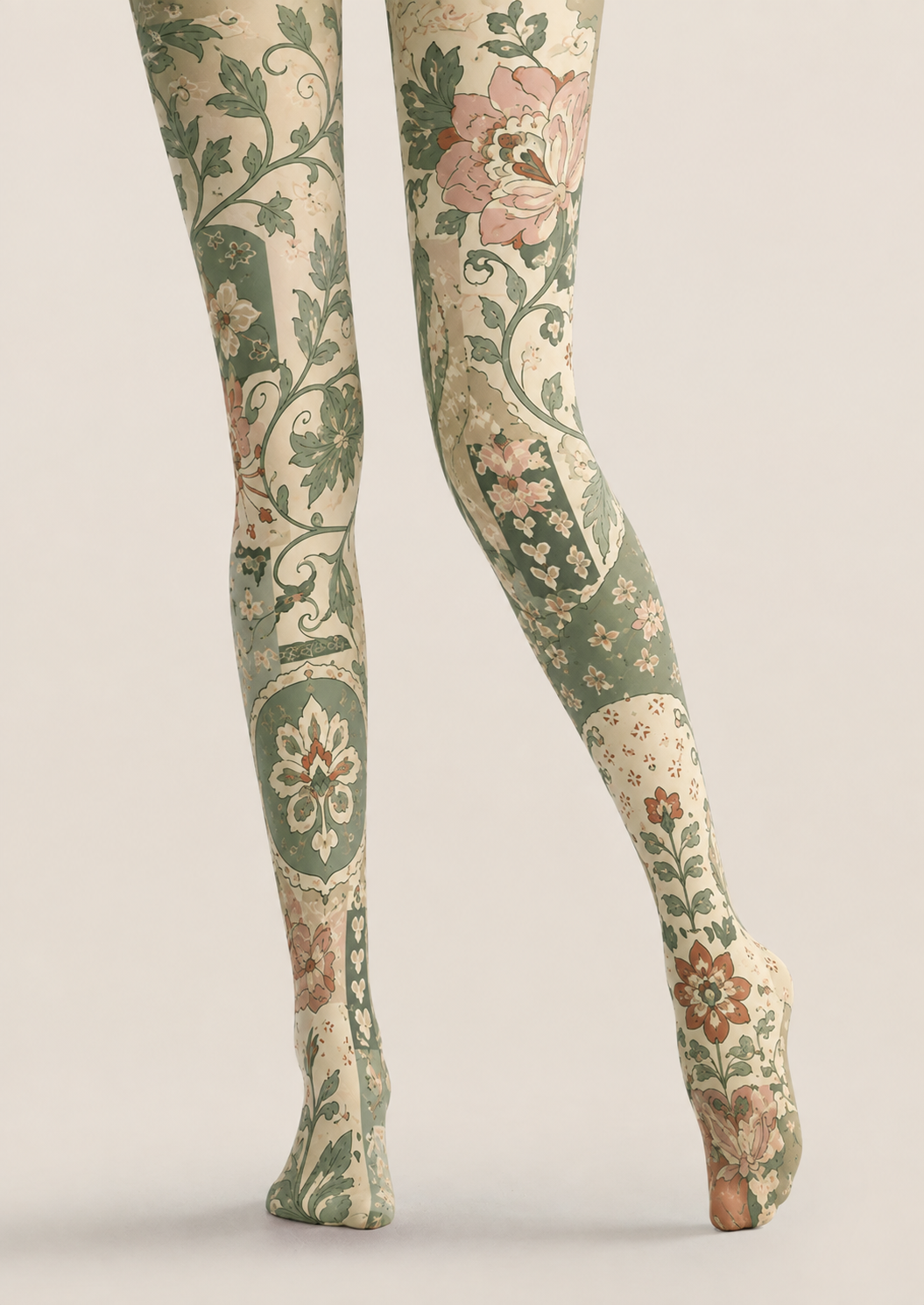 Green Floral Tights Vintage Botanical Pattern Pantyhose H68-48