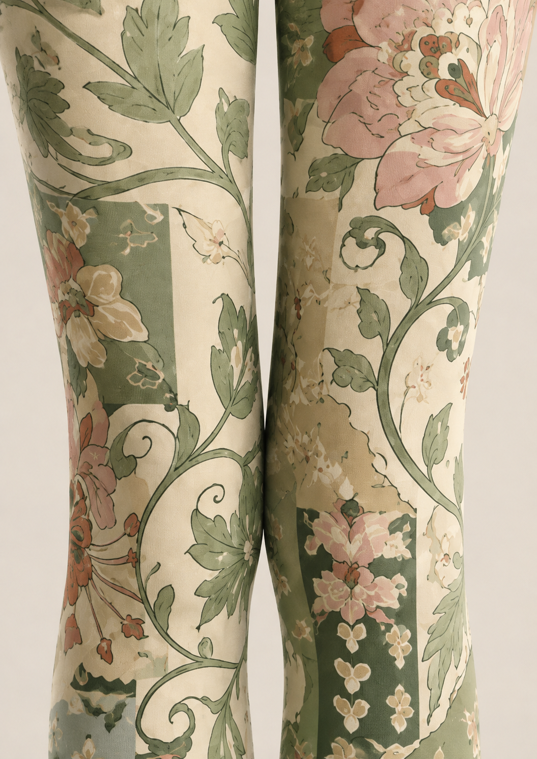 Green Floral Tights Vintage Botanical Pattern Pantyhose H68-48