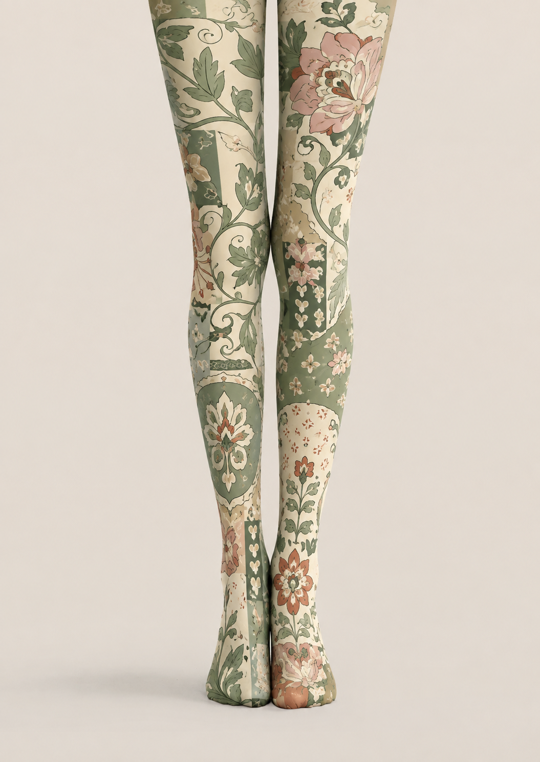Green Floral Tights Vintage Botanical Pattern Pantyhose H68-48