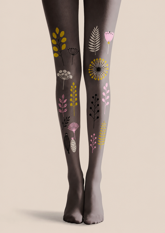 Grey Botanical Tights Floral Patterned Pantyhose H68-50