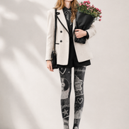 Black Grey Music Collage Tights Graphic Pantyhose H68-52
