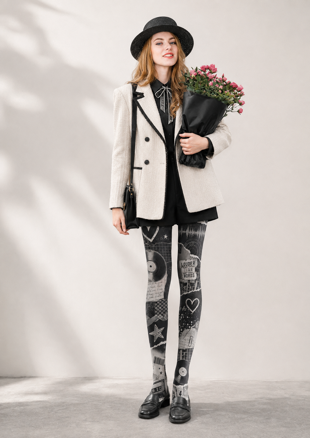 Black Grey Music Collage Tights Graphic Pantyhose H68-52