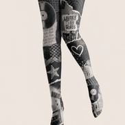 Black Grey Music Collage Tights Graphic Pantyhose H68-52