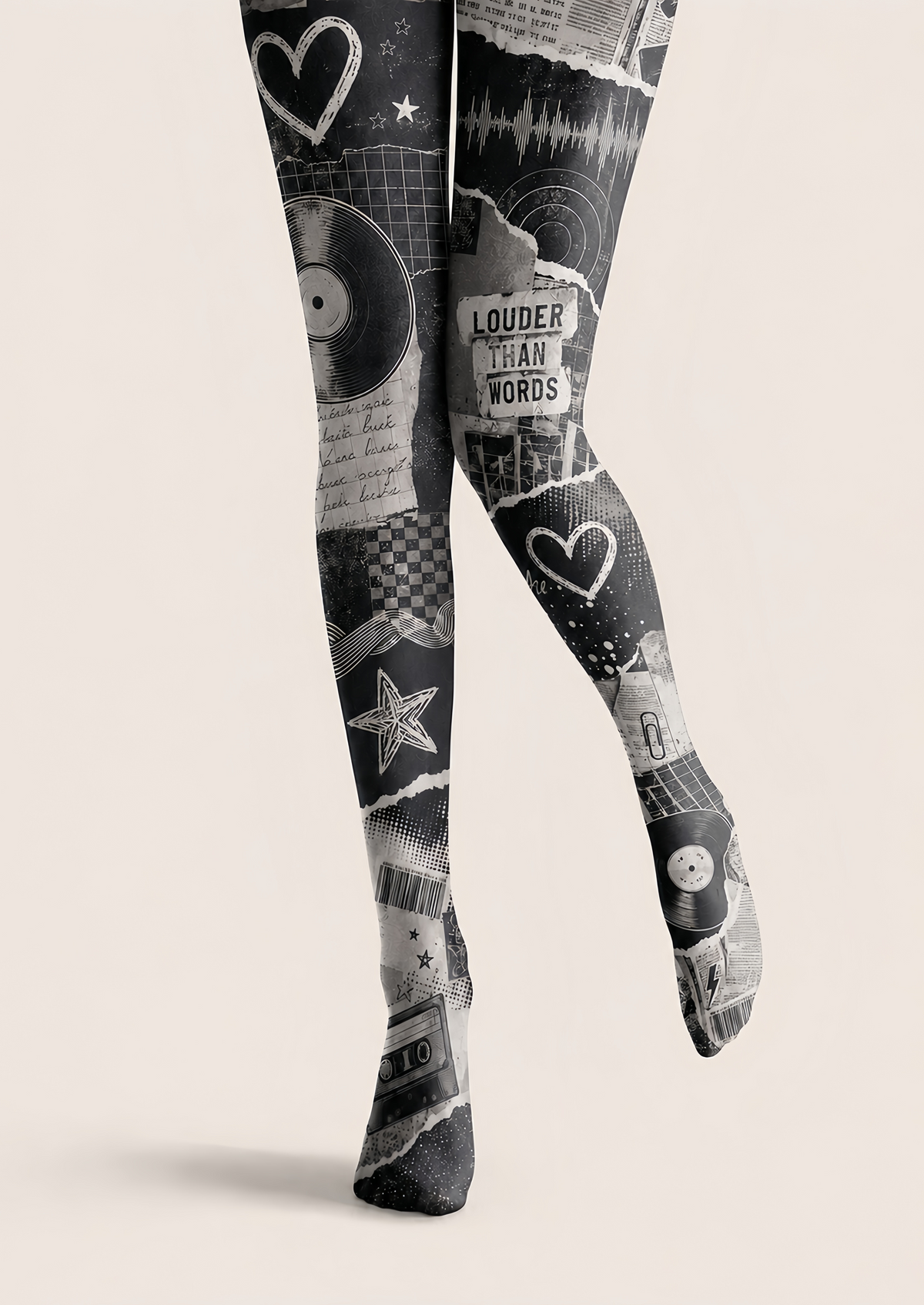Black Grey Music Collage Tights Graphic Pantyhose H68-52