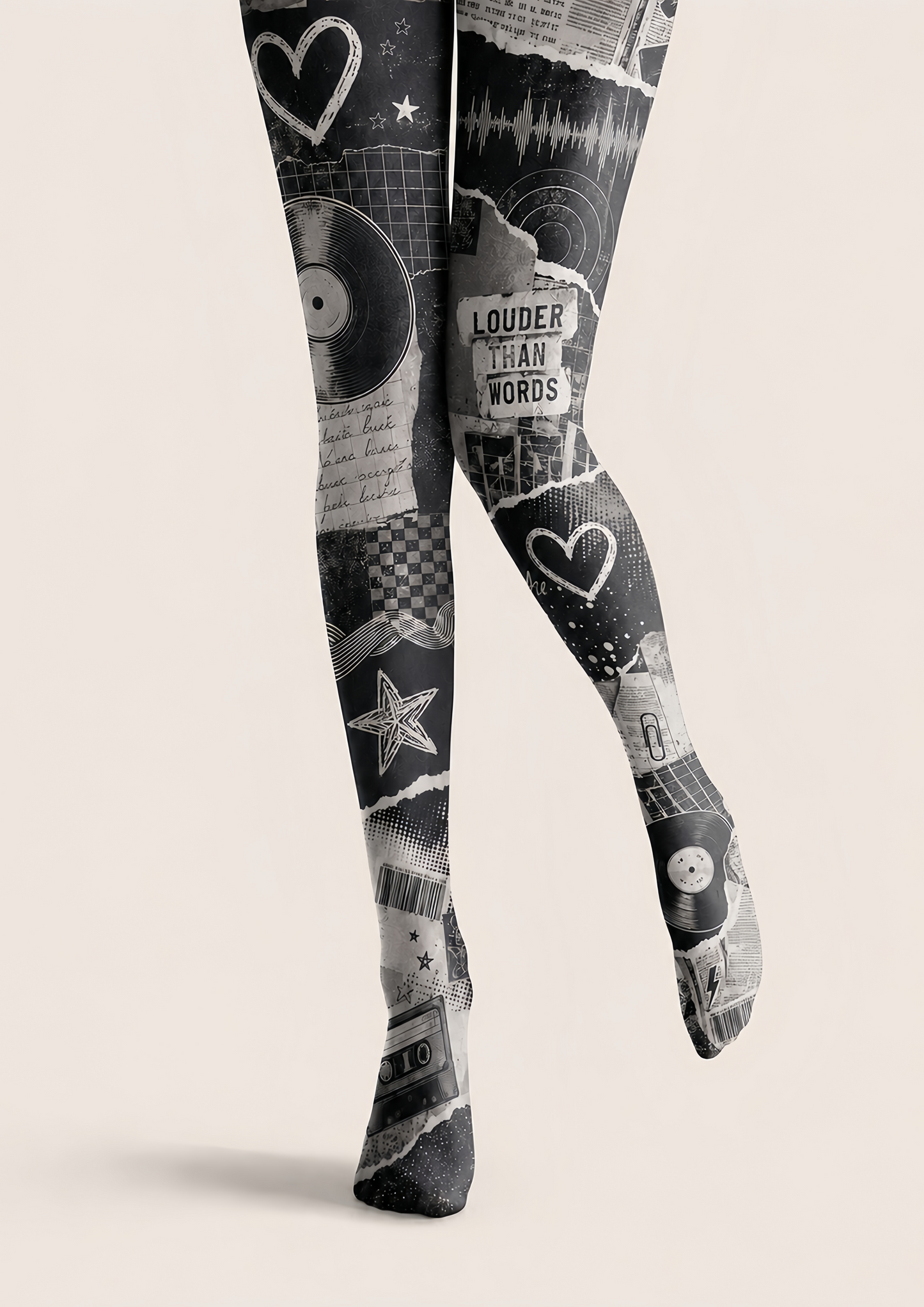Black Grey Music Collage Tights Graphic Pantyhose H68-52