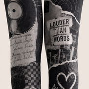 Black Grey Music Collage Tights Graphic Pantyhose H68-52