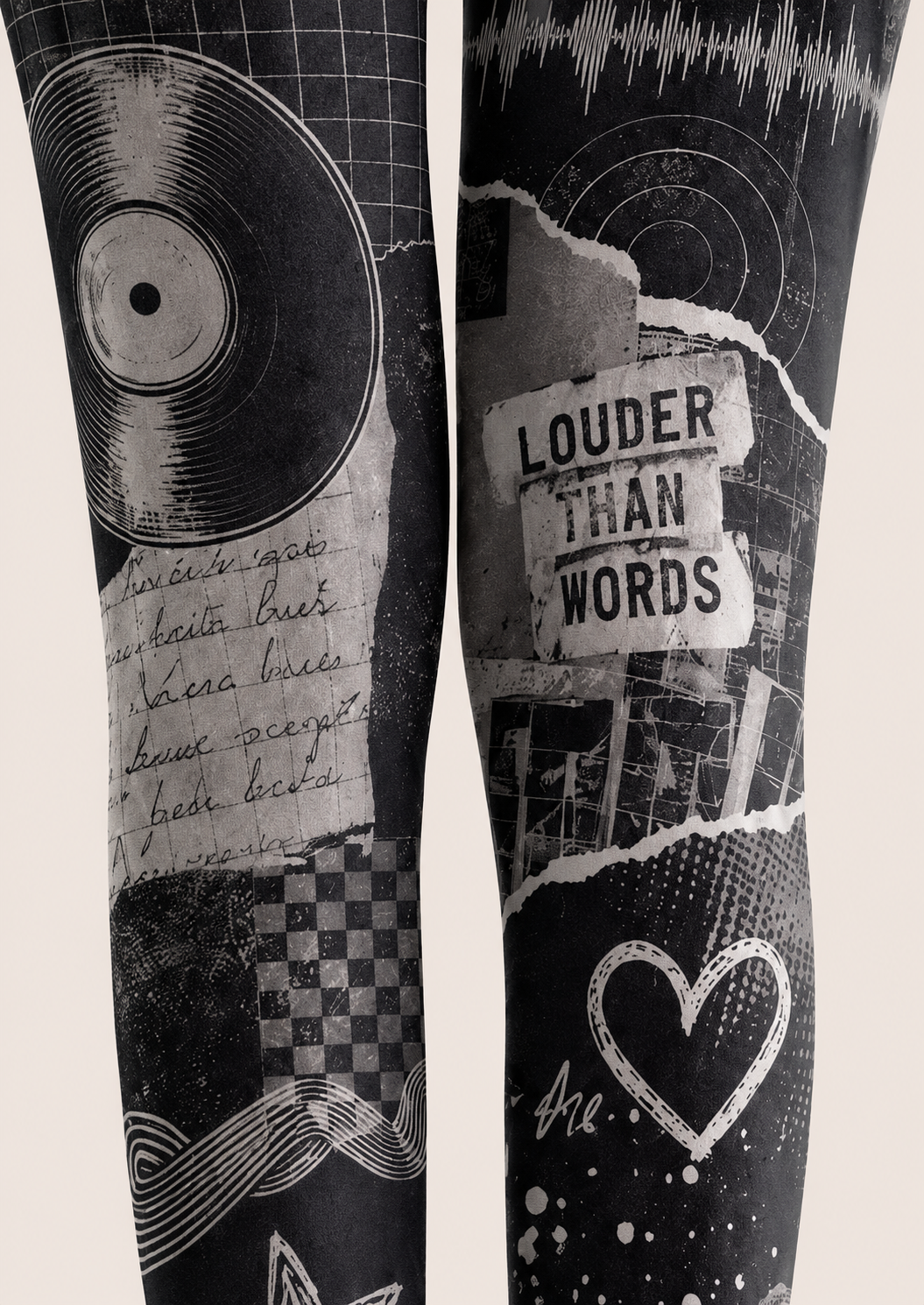 Black Grey Music Collage Tights Graphic Pantyhose H68-52