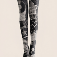 Black Grey Music Collage Tights Graphic Pantyhose H68-52