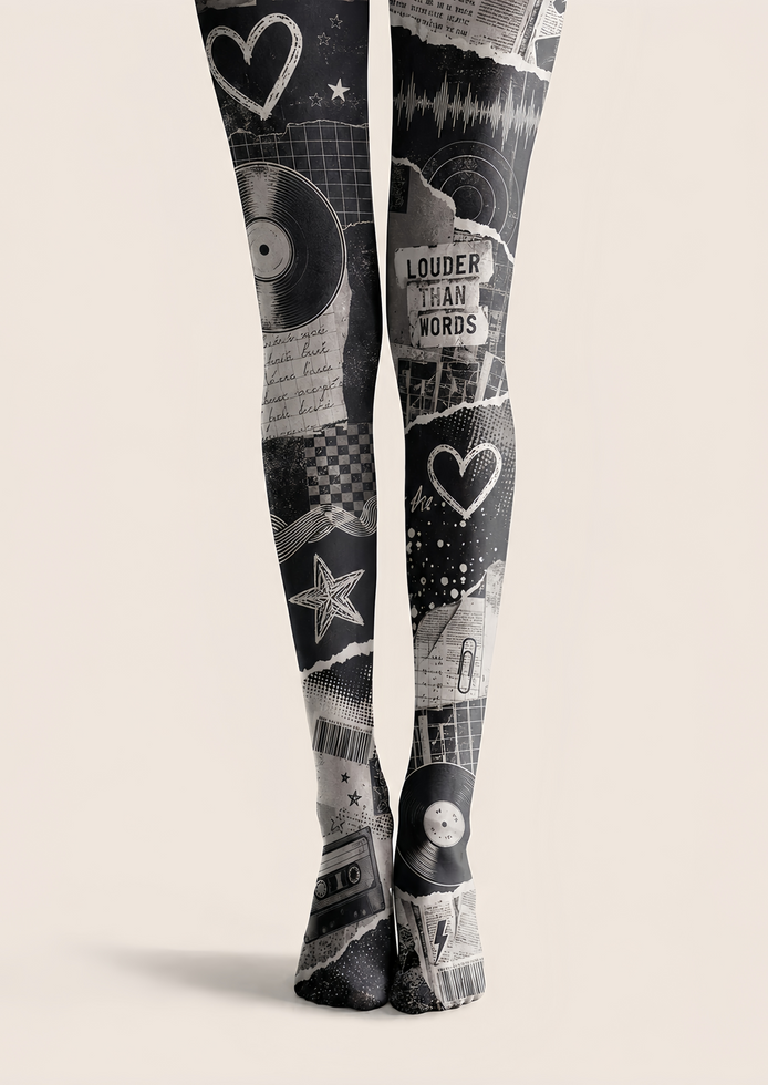 Black Grey Music Collage Tights Graphic Pantyhose H68-52