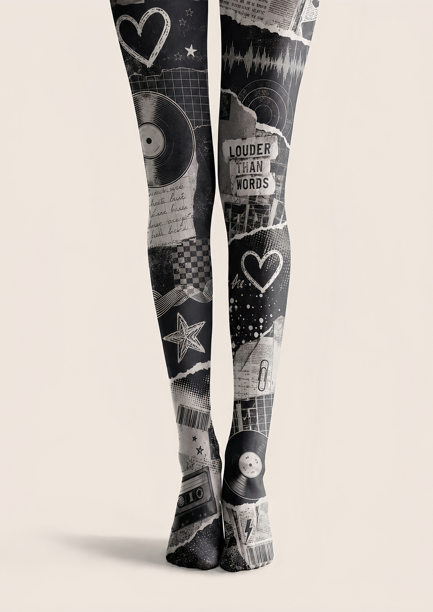 Black Grey Music Collage Tights Graphic Pantyhose H68-52