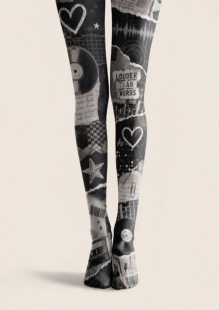 Black Grey Music Collage Tights Graphic Pantyhose H68-52