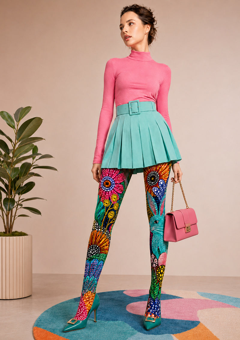 Colorful Rabbit Tights Folk Art Floral Pantyhose H68-54