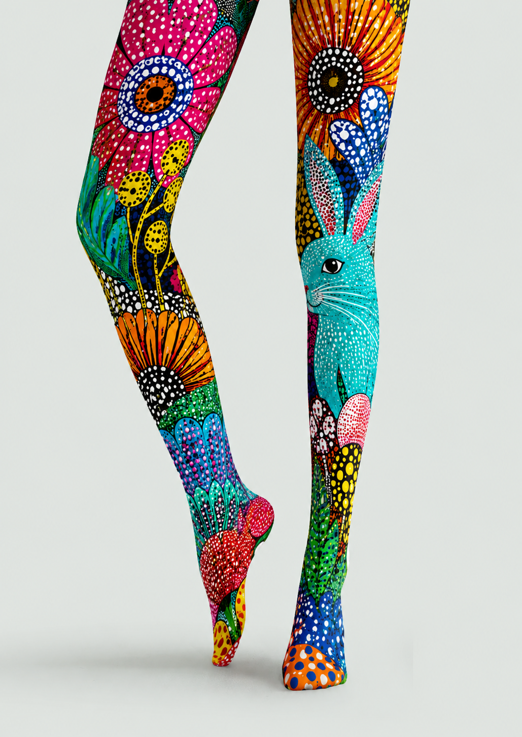 Colorful Rabbit Tights Folk Art Floral Pantyhose H68-54