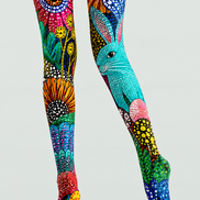 Colorful Rabbit Tights Folk Art Floral Pantyhose H68-54