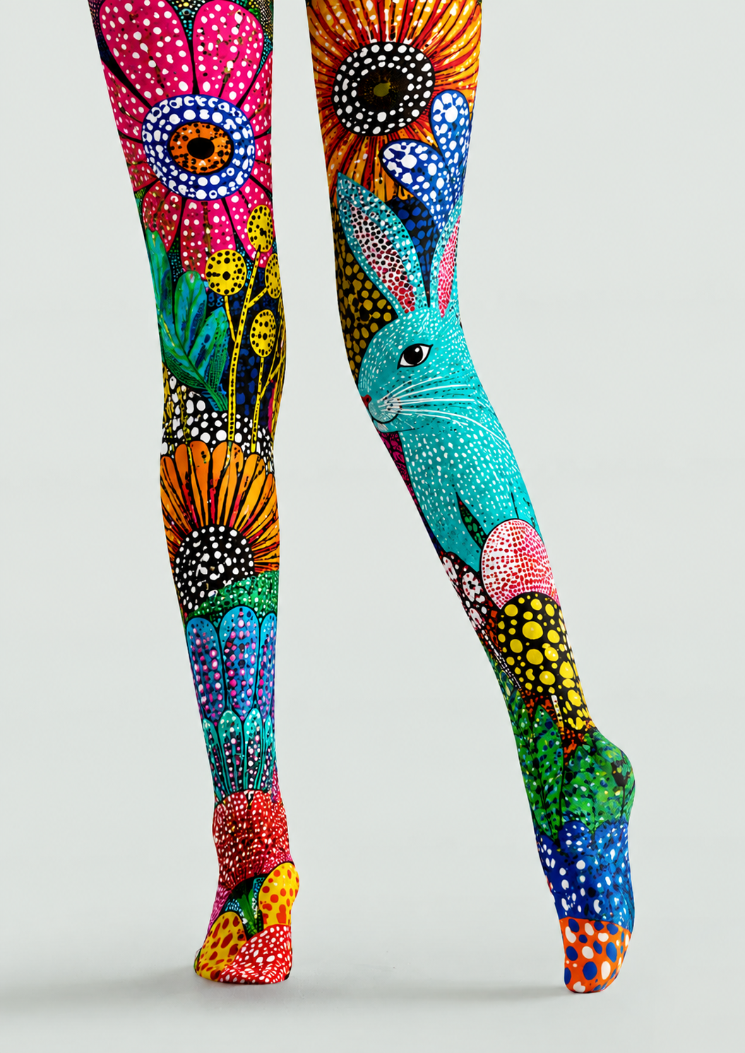 Colorful Rabbit Tights Folk Art Floral Pantyhose H68-54