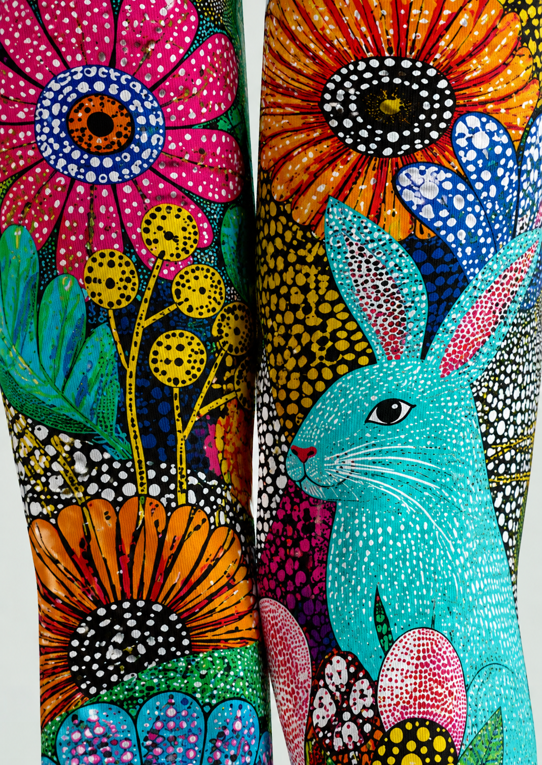 Colorful Rabbit Tights Folk Art Floral Pantyhose H68-54