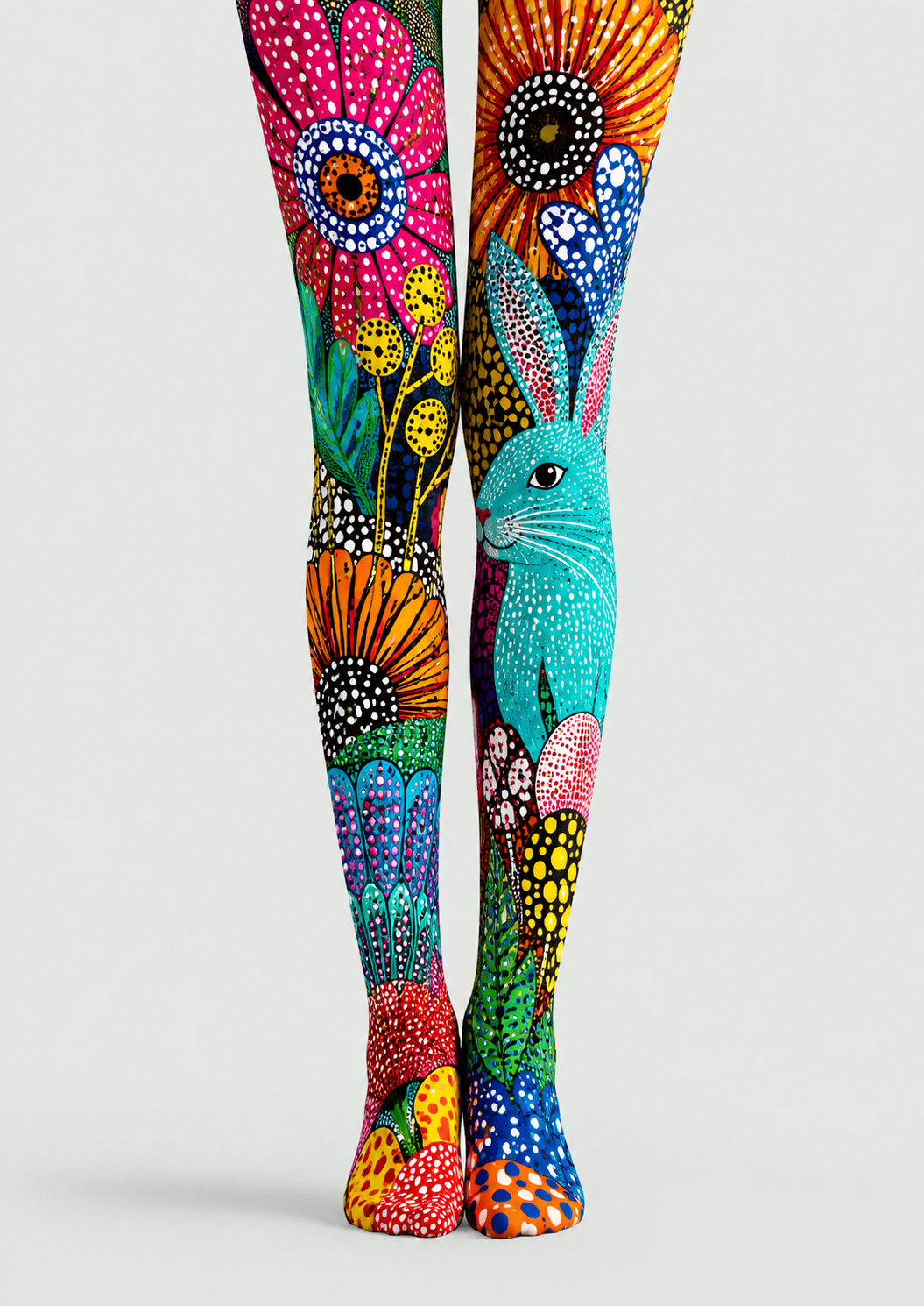 Colorful Rabbit Tights Folk Art Floral Pantyhose H68-54