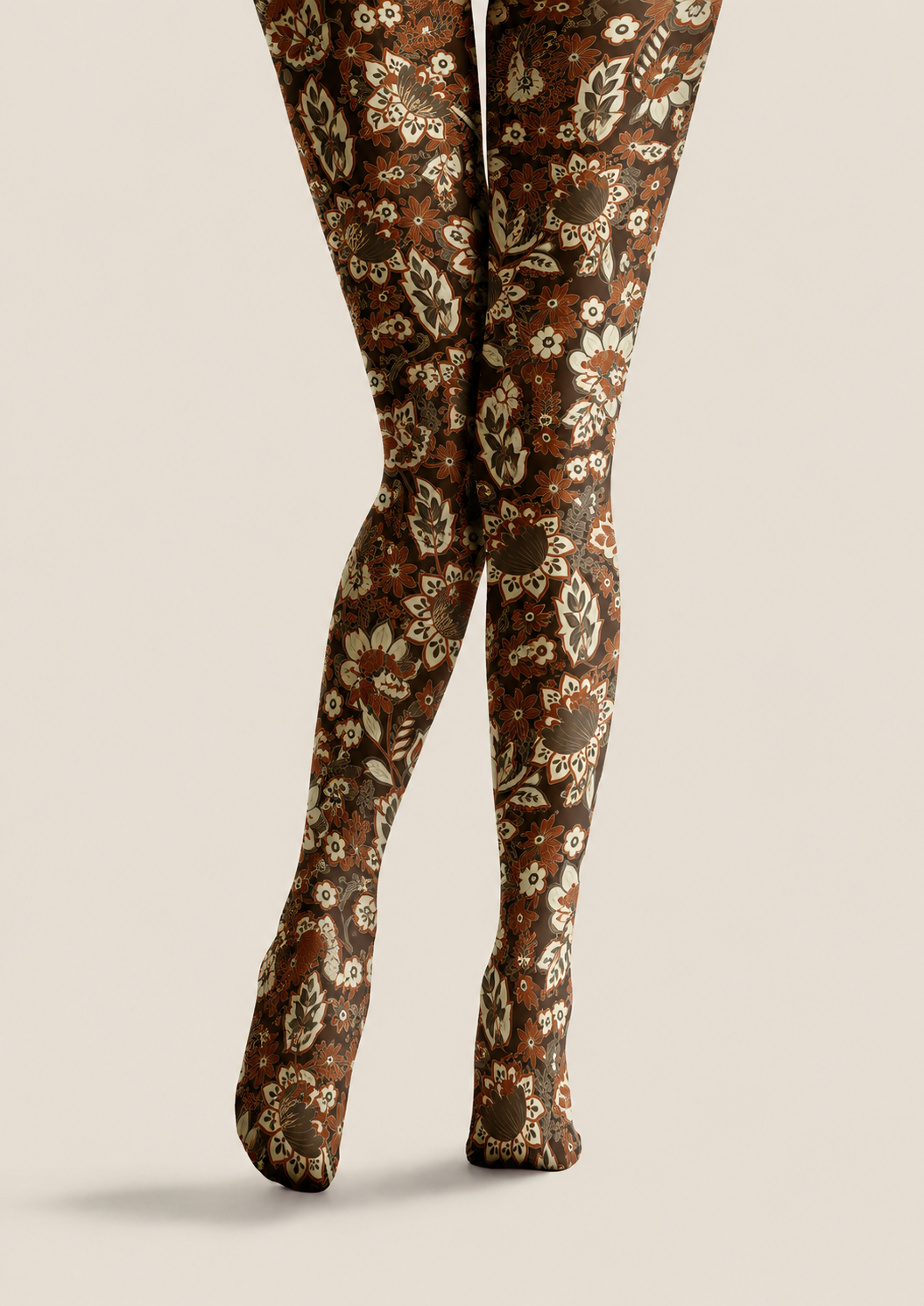 Dark Brown Floral Tights Boho Botanical Hosiery H68-56
