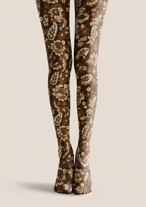 Dark Brown Floral Tights Boho Botanical Hosiery H68-56