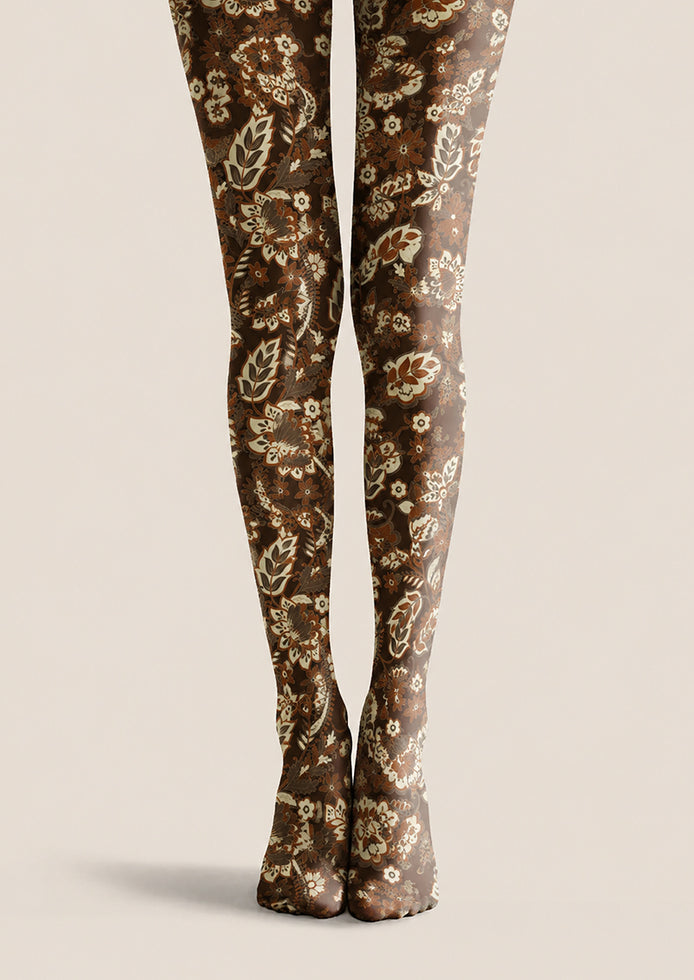 Dark Brown Floral Tights Boho Botanical Hosiery H68-56