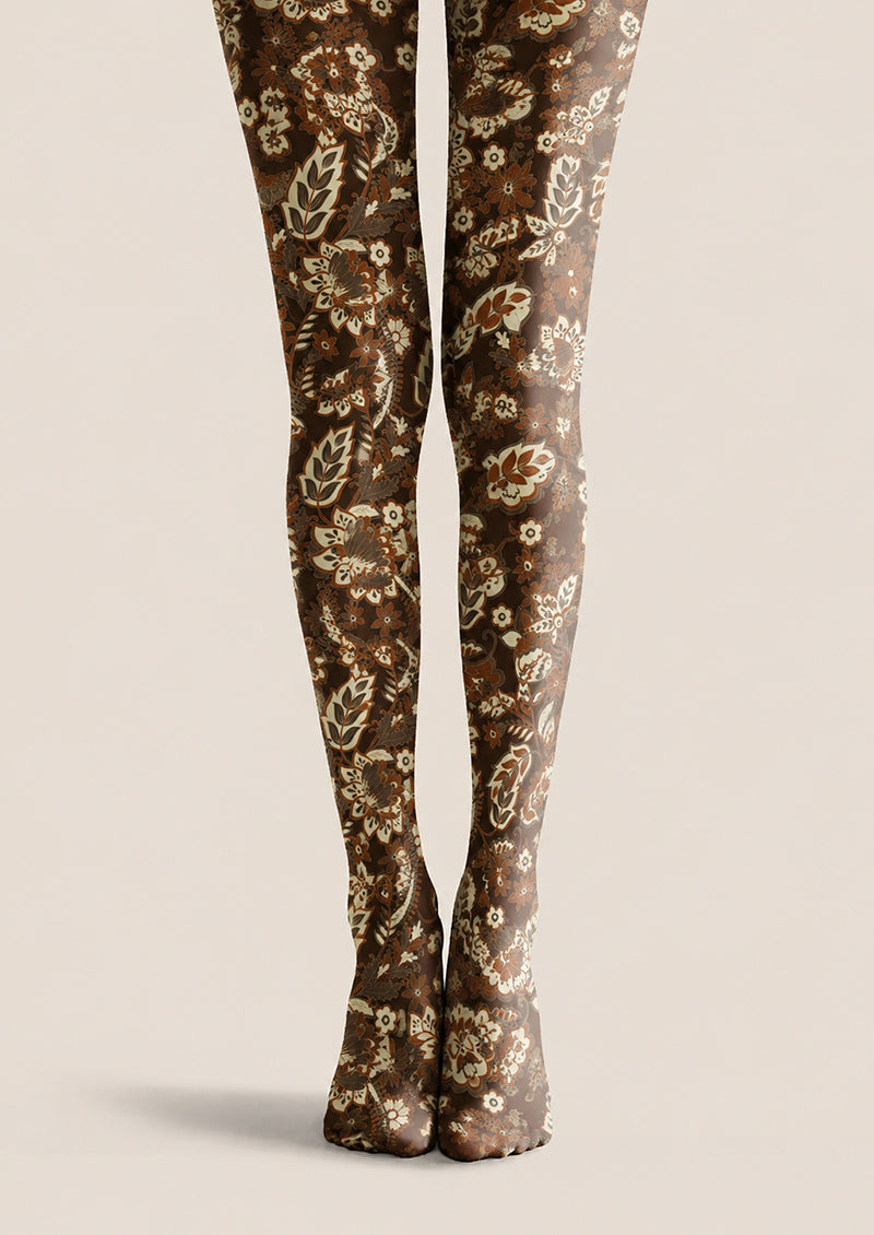 Dark Brown Floral Tights Boho Botanical Hosiery H68-56