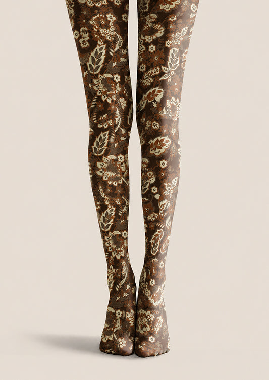Dark Brown Floral Tights Boho Botanical Hosiery H68-56
