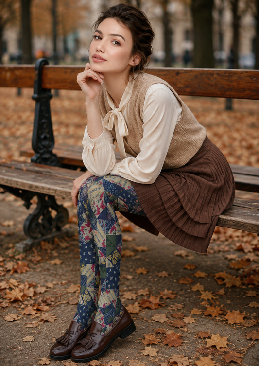 Blue Boho Patchwork Tights Folk Floral Pantyhose H68-57