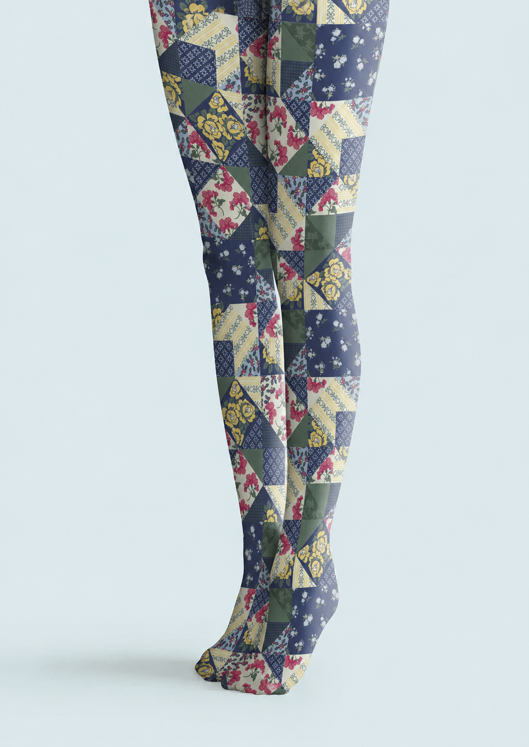 Blue Boho Patchwork Tights Folk Floral Pantyhose H68-57