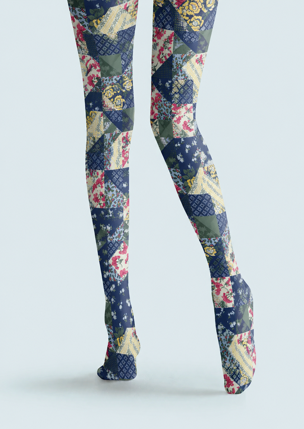 Blue Boho Patchwork Tights Folk Floral Pantyhose H68-57
