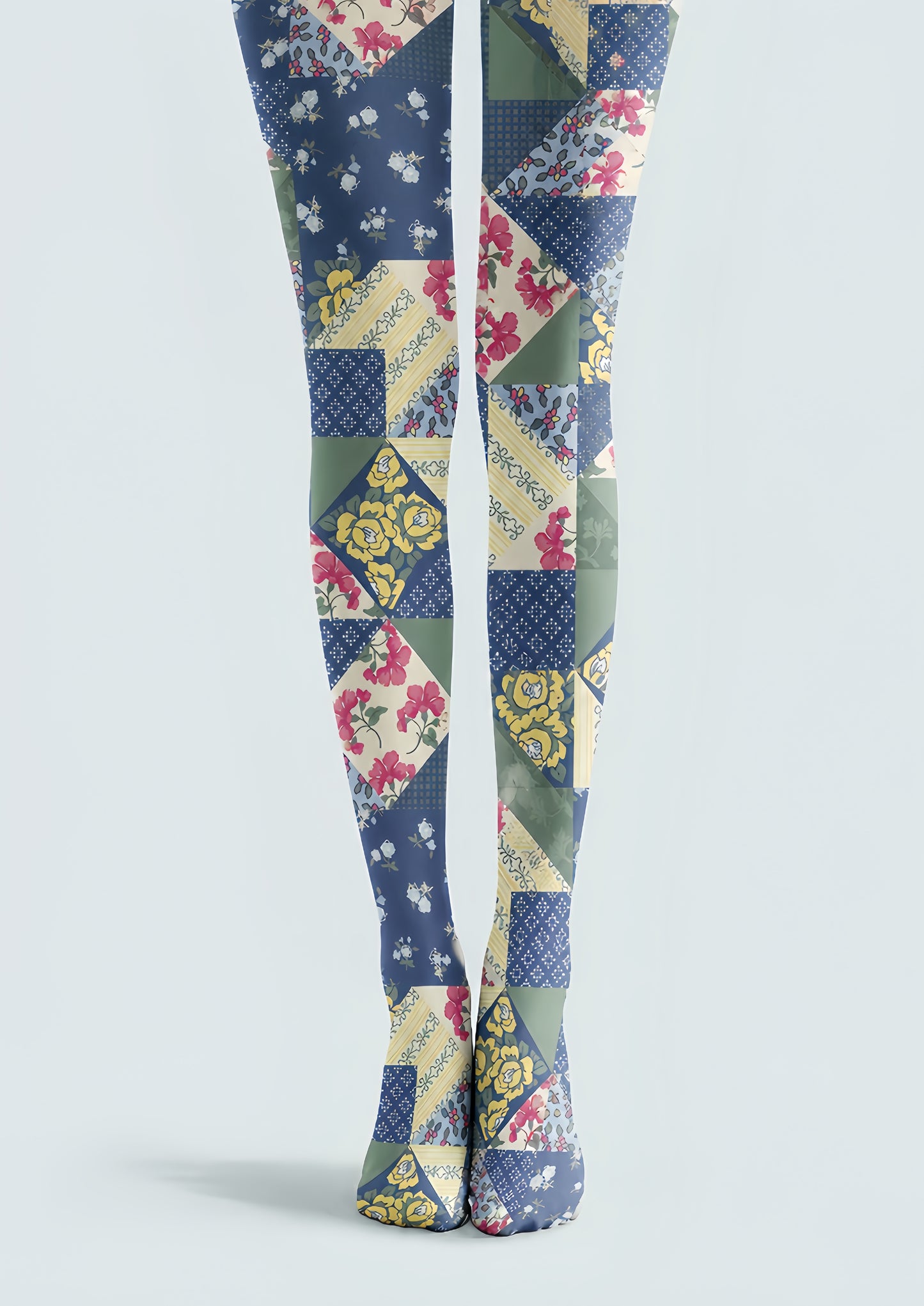 Blue Boho Patchwork Tights Folk Floral Pantyhose H68-57